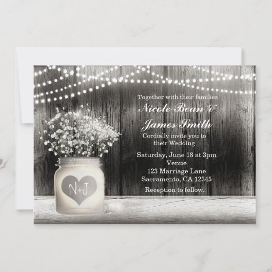 Hart Mason Jar & Baby's Breath Rustic Invitations Kaart (Voorkant)