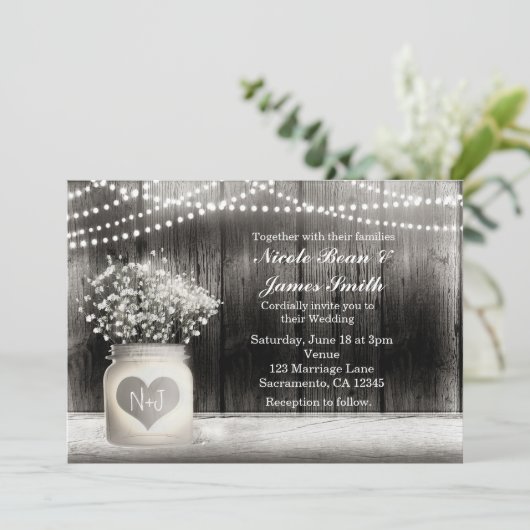 Hart Mason Jar & Baby's Breath Rustic Invitations Kaart (Staand voorkant)