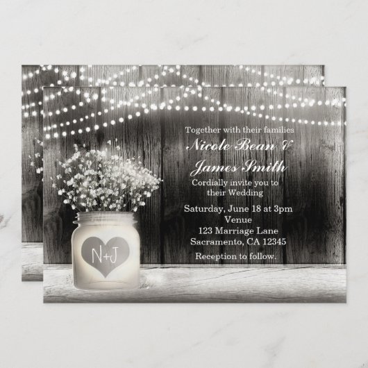 Hart Mason Jar & Baby's Breath Rustic Invitations Kaart (Voorkant / Achterkant)