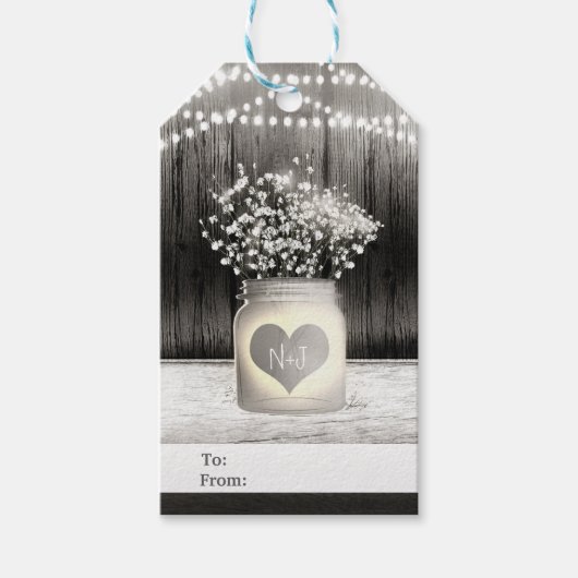 Hart Mason Jar & Baby's Breath Rustieke Bruiloft Cadeaulabel (Voorkant)