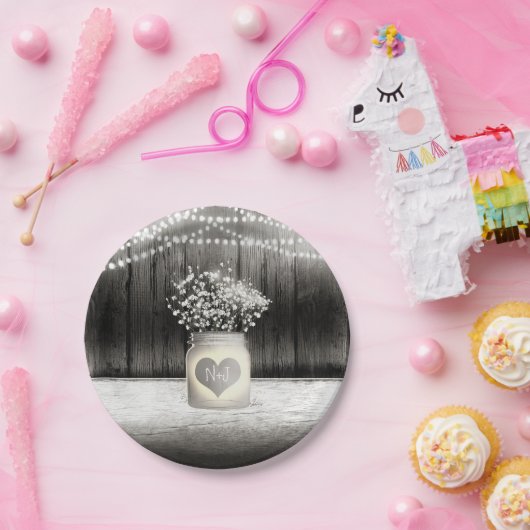 Hart Mason Jar & Baby's Breath Rustieke Bruiloft Papieren Bordje (Feest)