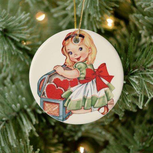 Hart Meisje Kind Retro Schattigee Kinderen Keramisch Ornament (Boom)