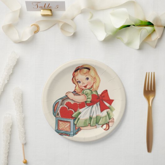 Hart Meisje Kind Retro Schattigee Kinderen Papieren Bordje (Huwelijk)