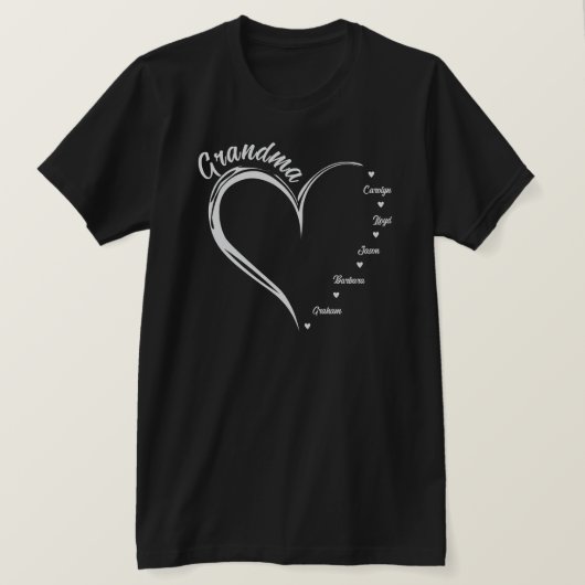 Hart met 5 gepersonaliseerde namen, oma hart t-shirt (Design voorkant)