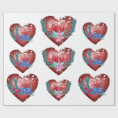 Hart met blauwe en rode bloemen en groene takken cadeaupapier (Vlak)