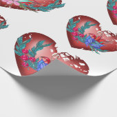 Hart met blauwe en rode bloemen en groene takken cadeaupapier (Hoek)