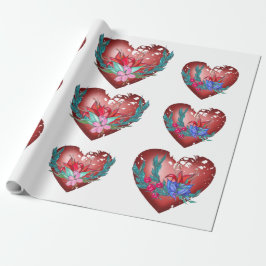 Hart met blauwe en rode bloemen en groene takken cadeaupapier