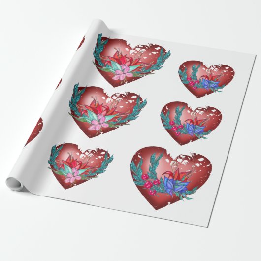 Hart met blauwe en rode bloemen en groene takken cadeaupapier (Uitgerold)