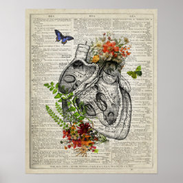 Hart met Bloemen Anatomie Dictionary Art Poster