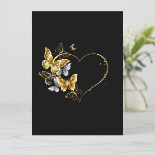 Hart met gouden vlinders feestdagenkaart (Staand voorkant)