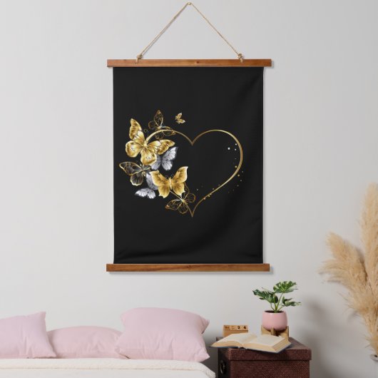 Hart met gouden vlinders hangend wandkleed (Slaapkamer)