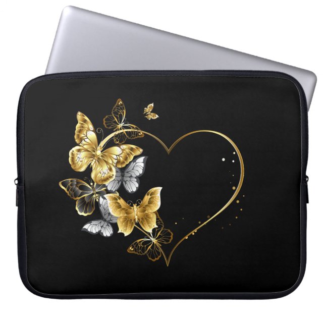 Hart met gouden vlinders laptop sleeve (Voorkant)