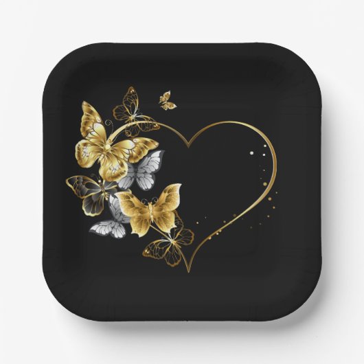 Hart met gouden vlinders papieren bordje (Voorkant)