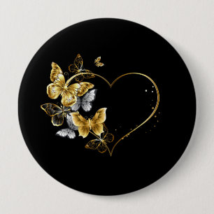Hart met gouden vlinders ronde button 4,0 cm