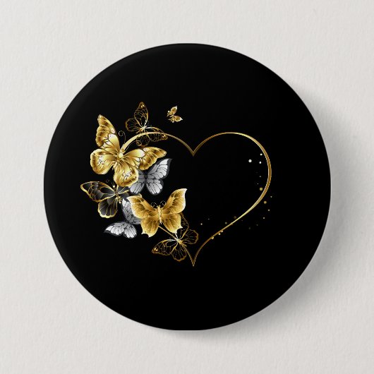 Hart met gouden vlinders ronde button 7,6 cm (Voorkant)