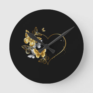 Hart met gouden vlinders ronde klok