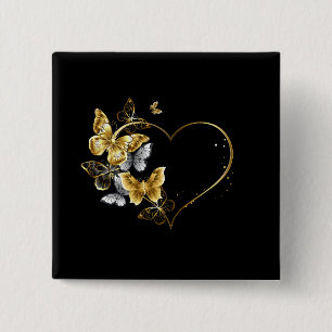 Hart met gouden vlinders vierkante button 5,1 cm