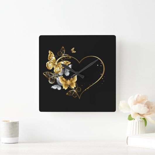 Hart met gouden vlinders vierkante klok (Huis)