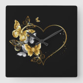 Hart met gouden vlinders vierkante klok (Voorkant)