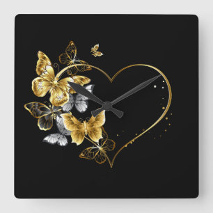 Hart met gouden vlinders vierkante klok