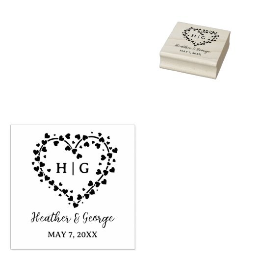 Hart met Hartjes Bruiloft Monogram Ontwerp Rubberstempel (Gestempeld)