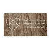 Hart met initialen houtnerf rustieke bruiloft etiket (Voorkant)