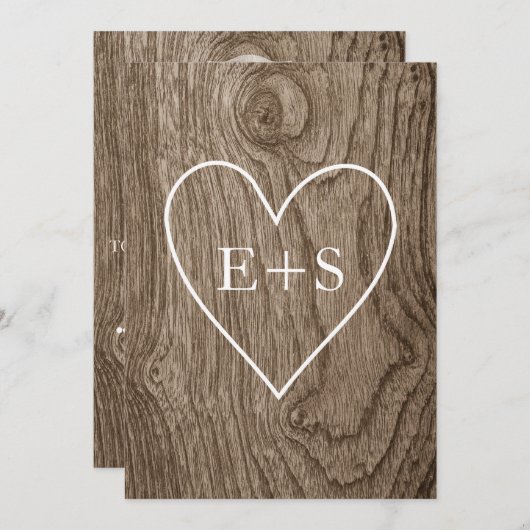 Hart met initialen houtnerf rustieke bruiloft kaart (Voorkant / Achterkant)