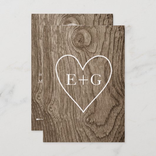 Hart met initialen houtnerf rustieke bruiloft RSVP (Voorkant / Achterkant)