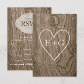 Hart met initialen houtnerf rustieke bruiloft RSVP Kaartje (Voorkant / Achterkant)
