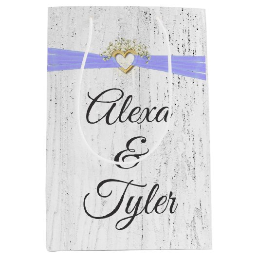 Hart met Paars lint op gewitwasd hout Medium Cadeauzakje (Voorkant)