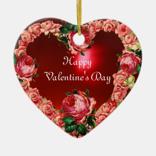 HART MET PINKROSES VALENTIJNSDAG MONOGRAM KERAMISCH ORNAMENT (Voorkant)