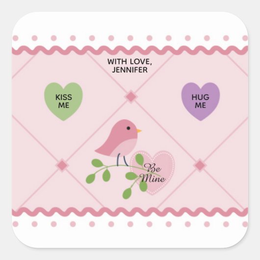 Hart met Roze Bird Valentijn Vierkante Sticker (Voorkant)