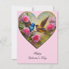 Hart met roze bloemen en vogels Valentijn Feestdagenkaart