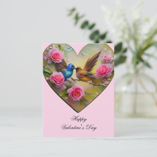 Hart met roze bloemen en vogels Valentijnsdag Briefkaart (Staand voorkant)