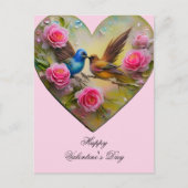 Hart met roze bloemen en vogels Valentijnsdag Briefkaart (Voorkant)