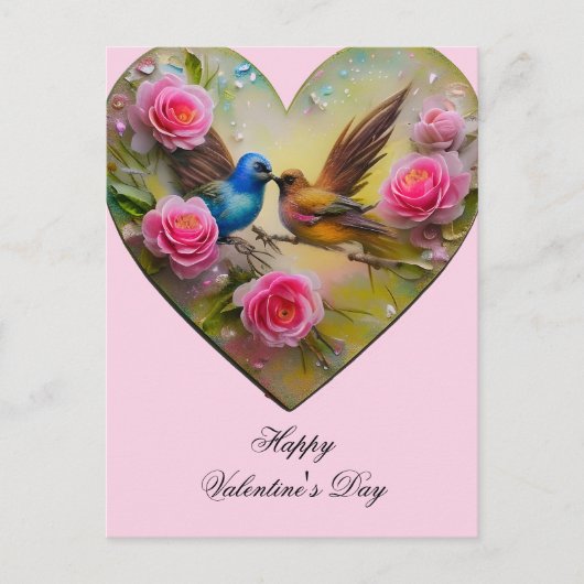 Hart met roze bloemen en vogels Valentijnsdag Briefkaart (Voorkant)