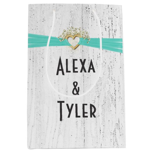 Hart met Turquoise Ribbon op gewitwasd hout Medium Cadeauzakje (Voorkant)