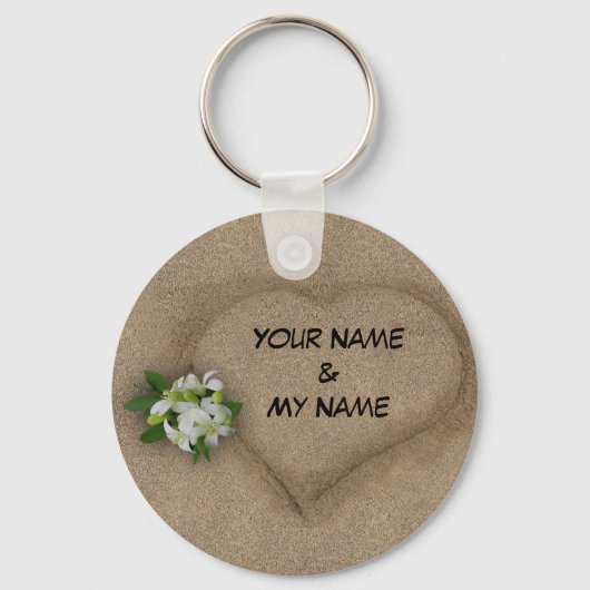 Hart met uw namen in de zand sleutelhanger (Voorkant)