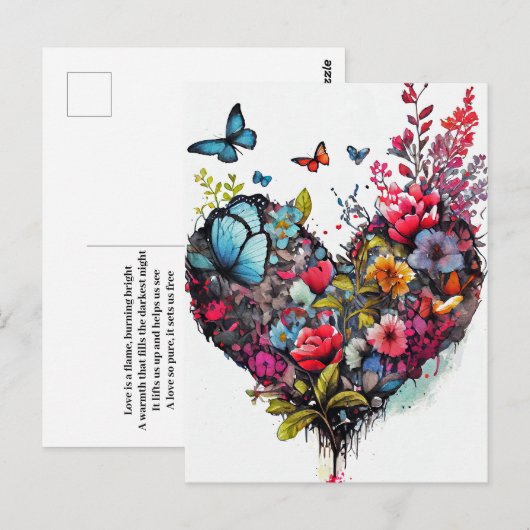 Hart met waterverf bloemen en vlinderbloemkaart briefkaart (Voorkant / Achterkant)