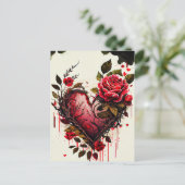 Hart met waterverf bloemen rode rozen liefdeskaart briefkaart (Staand voorkant)
