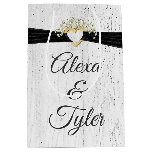 Hart met zwart lint op gewitwasd hout medium cadeauzakje (Voorkant)