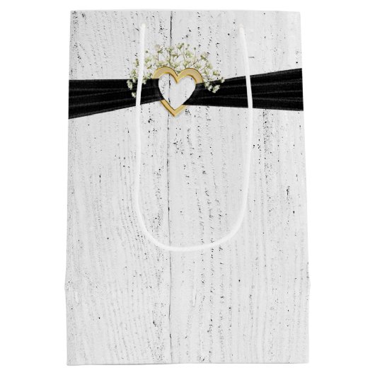 Hart met zwart lint op gewitwasd hout medium cadeauzakje (Achterkant)