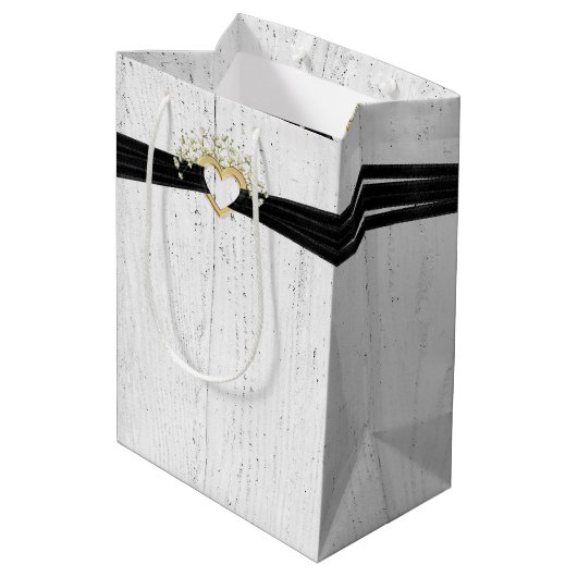 Hart met zwart lint op gewitwasd hout medium cadeauzakje (Achterkant Gekanteld)