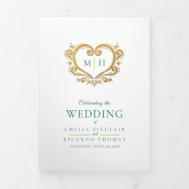 Hart monogram foto goud groen bruiloft programma