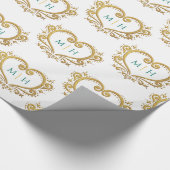 Hart monogram goud donkergroen op witte bruiloft cadeaupapier (Hoek)
