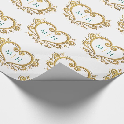 Hart monogram goud donkergroen op witte bruiloft cadeaupapier (Hoek)