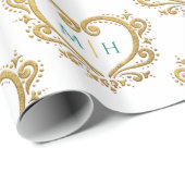 Hart monogram goud donkergroen op witte bruiloft cadeaupapier (Rol Hoek)