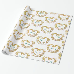 Hart-monogram goud donkergroen op witte trouw cadeaupapier