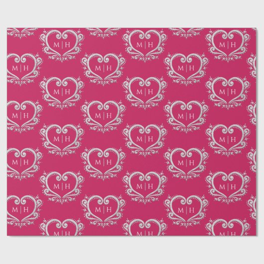 Hart monogram goud op bessen rode bruiloft cadeaupapier (Vlak)