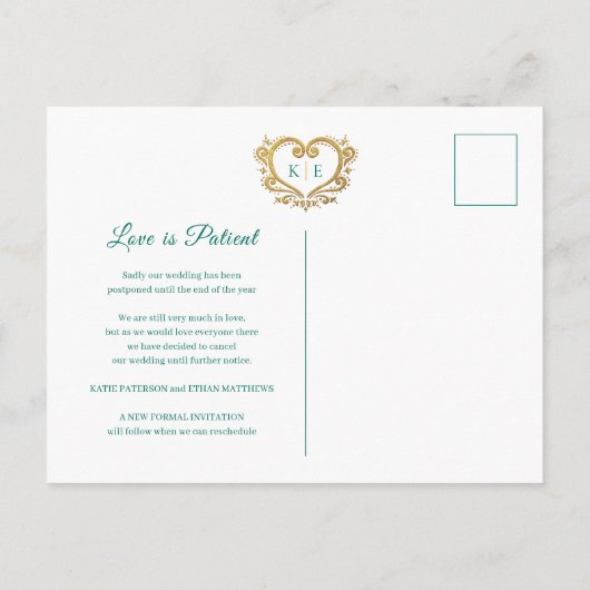 Hart monogram huwelijks annulering goud groen aankondigingskaart (Achterkant)